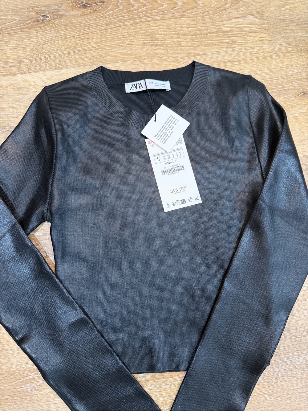 ZARA Black Faux-Leather Crewneck Sweater